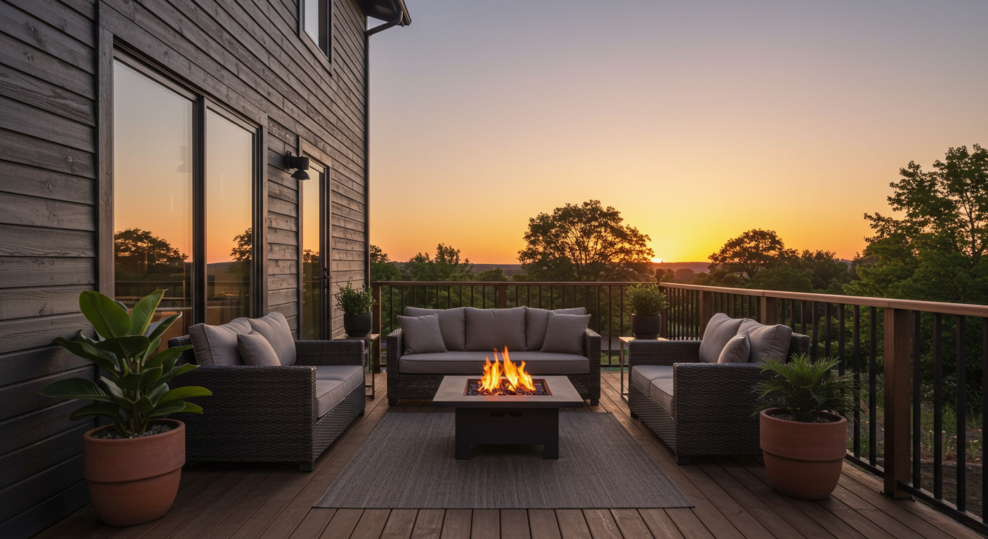 A beautifully designed deck featuring a cozy seating area with plush outdoor furniture, surrounded by potted plants and a fire pit. The setting captures a warm sunset, creating an inviting atmosphere.