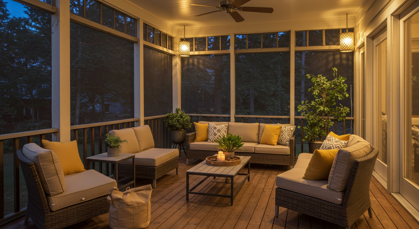 A beautifully designed screened-in porch featuring comfortable seating, soft cushions, and decorative plants. The porch is adorned with warm lighting, creating an inviting atmosphere for relaxation.