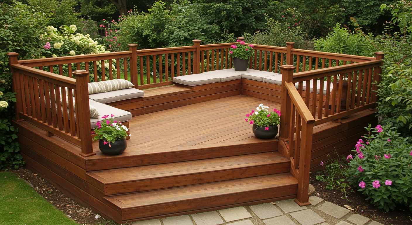 A beautifully designed wooden deck with stylish outdoor furniture, surrounded by lush greenery and flowers. The deck features unique design elements like built-in seating and decorative railings.