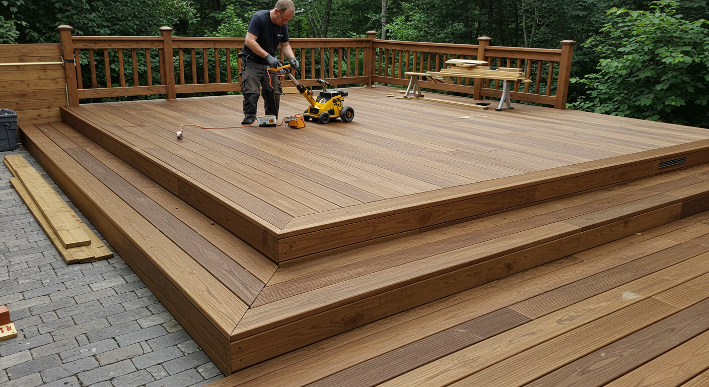A skilled carpenter working on a beautifully designed wooden deck in a backyard setting. The focus is on the craftsmanship of the deck, showcasing intricate details and quality materials.