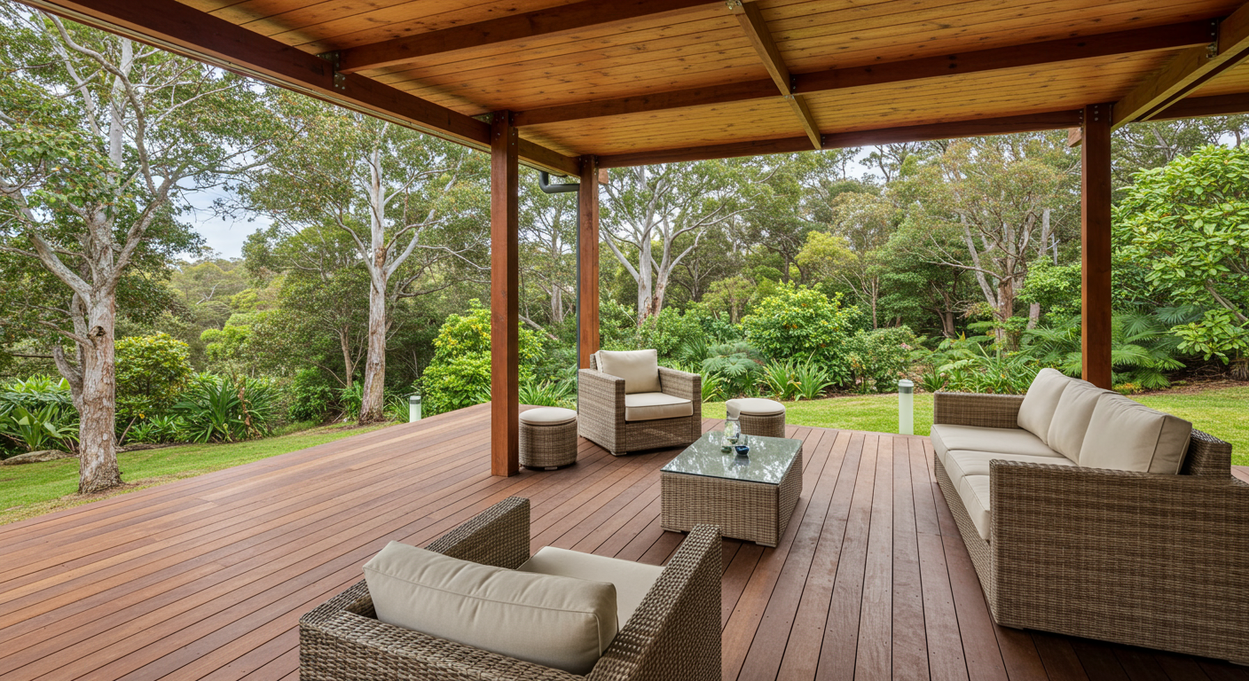 A beautifully crafted wooden deck overlooking a lush green landscape, with comfortable outdoor furniture arranged for relaxation.