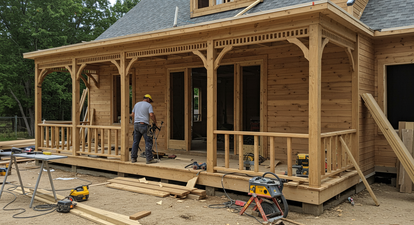 A skilled local builder is seen constructing a beautiful wooden porch with intricate details, showcasing craftsmanship. Tools and materials are neatly arranged around the workspace.