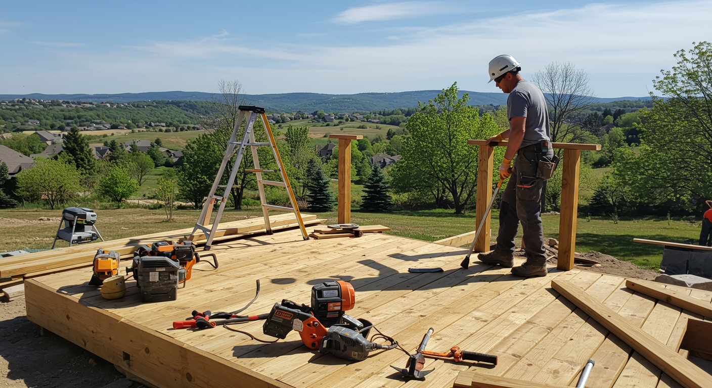 A skilled contractor is seen building a wooden deck in a suburban backyard, showcasing tools and materials. The background features a picturesque view of Broomfield's rolling hills and trees.