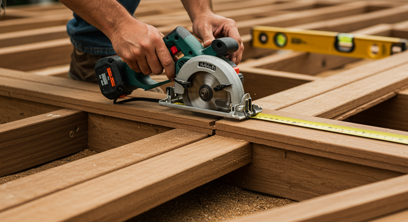 A skilled deck professional measuring and cutting wood planks on-site, showcasing the precision and craftsmanship involved in deck installation.