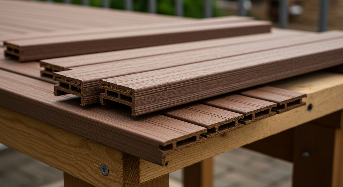 A close-up shot of high-quality decking materials, such as composite wood and metal railings, laid out on a workbench. This image emphasizes the durability and aesthetic appeal of the materials used in deck construction.
