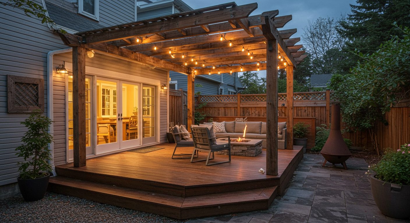 An elegant small backyard deck with a rustic wooden pergola. The scene includes a fire pit and ambient lighting, creating a warm and inviting setting perfect for evening gatherings.