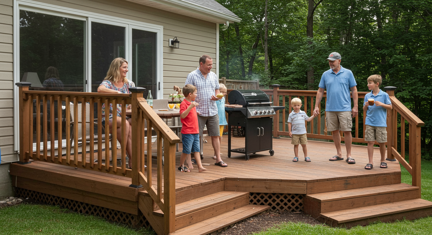 A family enjoying a barbecue on their newly built deck, with children playing nearby, showcasing the joy of outdoor living spaces created by local builders.