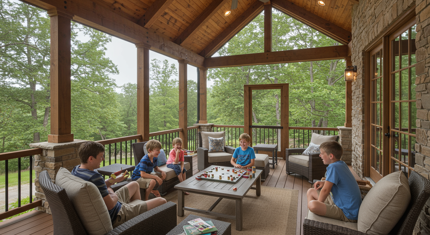 A family playing board games on a spacious screened-in porch, with children laughing and enjoying the fresh air. The porch is adorned with local stone accents and wooden beams, showcasing a blend of comfort and natural beauty.