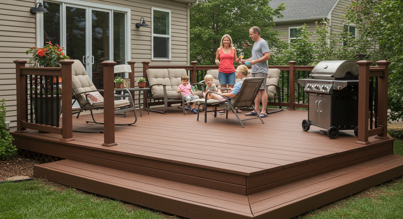 A family enjoying their newly installed patio deck, engaging in activities like grilling and relaxing, showcasing the joy and functionality of outdoor living spaces.
