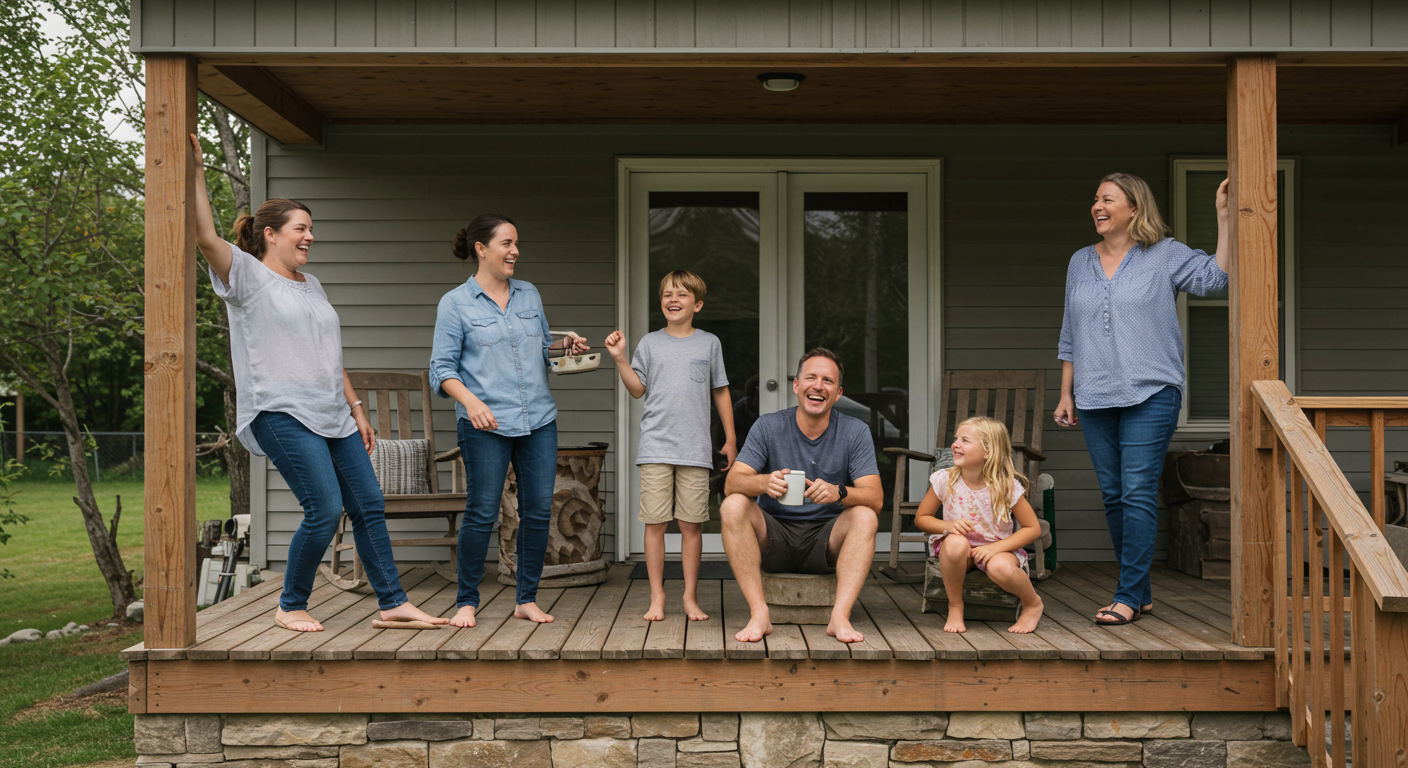 A joyful family enjoying their newly built front porch, laughing and relaxing together, highlighting customer satisfaction and the benefits of professional work.