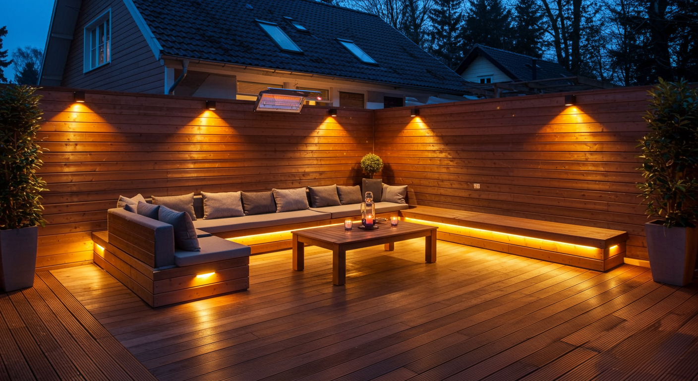 A beautifully designed wood patio featuring innovative built-in lighting and heaters. The scene showcases a cozy seating area with ambient lighting illuminating the space, creating a warm and inviting atmosphere for evening gatherings.