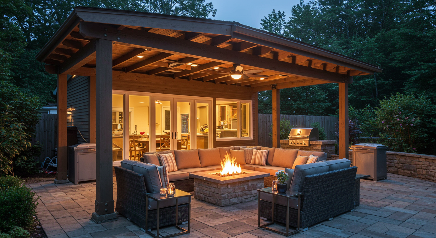 An elegant patio under a deck with a fire pit, surrounded by comfortable seating. The ambiance is warm and inviting, perfect for evening gatherings with friends and family.