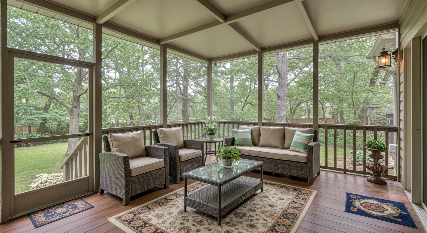 A beautifully designed screened deck with comfortable outdoor furniture, surrounded by lush greenery. The sunlight filters through the screens, creating a warm and inviting atmosphere.