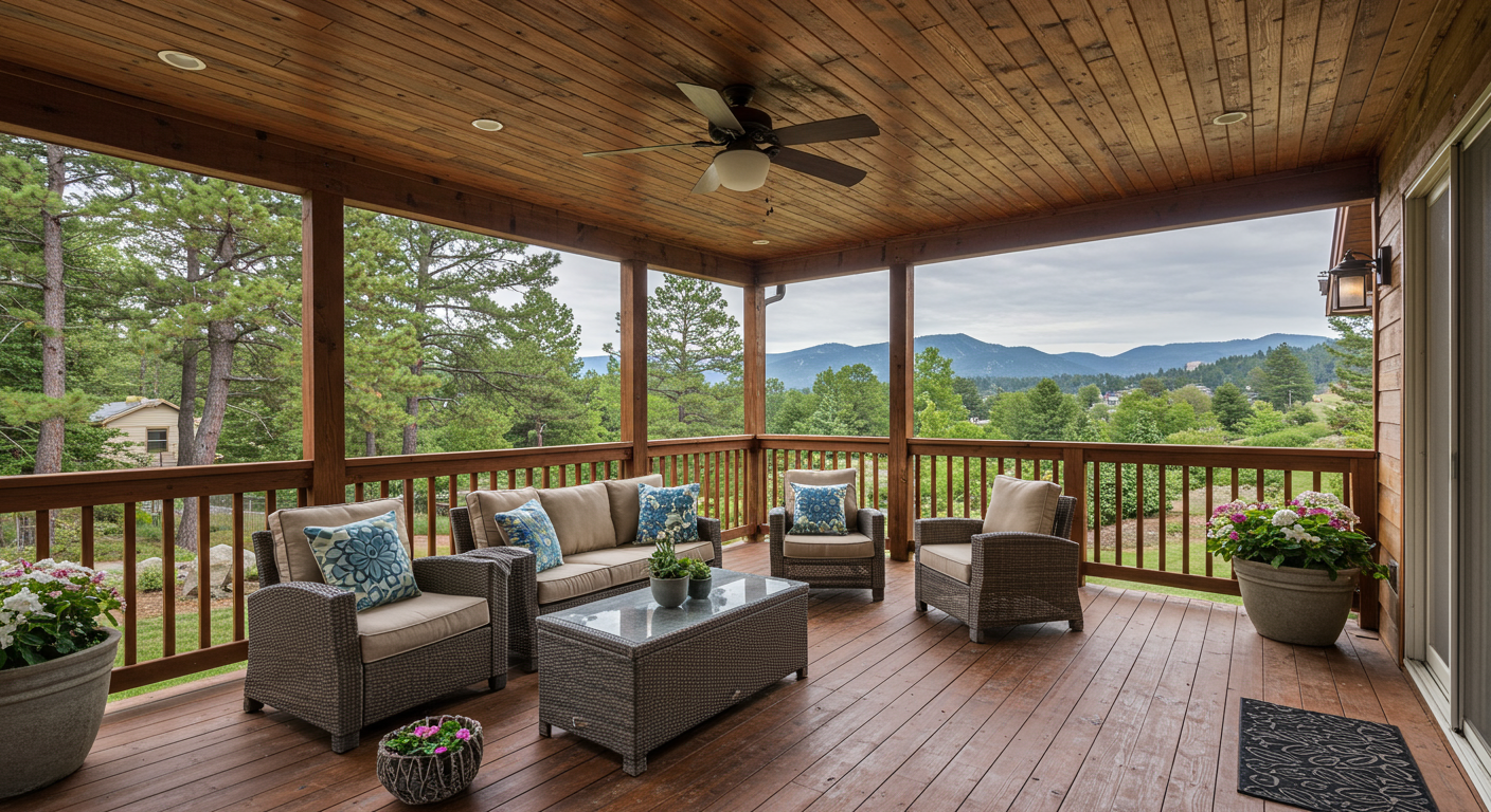 A beautifully designed wooden deck with a spacious porch overlooking a serene Lakewood landscape. The deck features comfortable outdoor furniture, potted plants, and a view of the nearby mountains.