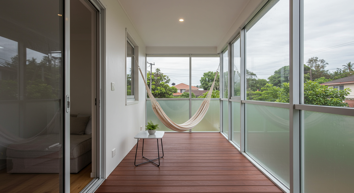 A minimalist small enclosed deck featuring a simple layout with a hammock and a small side table. The deck is surrounded by large windows, allowing natural light to flood the space.