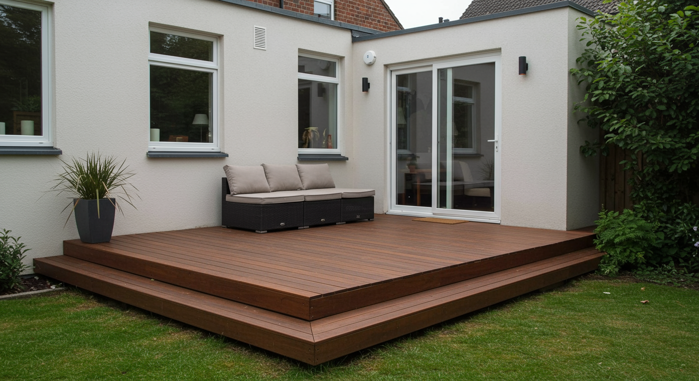 A minimalist back patio deck featuring clean lines and a simple layout. The deck includes a small seating area and is surrounded by low-maintenance landscaping.
