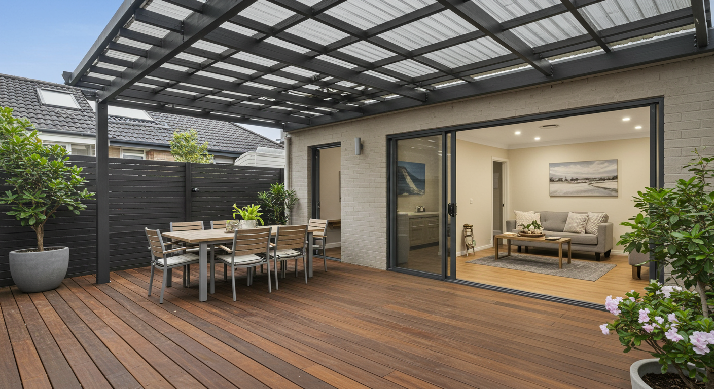 A modern open deck patio featuring a sleek design with wooden flooring, a pergola for shade, and a dining area set for a meal.