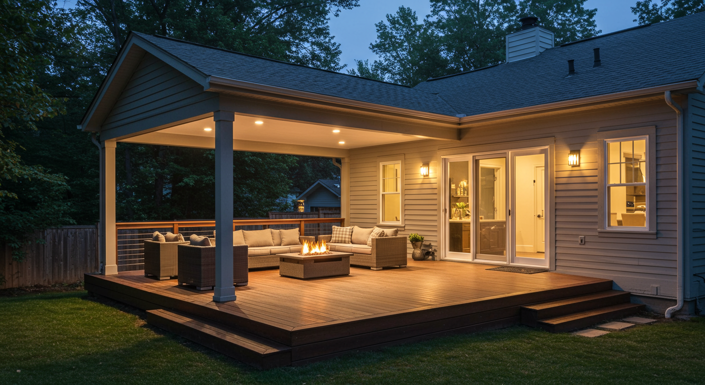 A modern back porch deck with sleek lines and minimalist furniture. The deck is adorned with stylish outdoor lighting and a fire pit, creating an inviting atmosphere for evening gatherings.