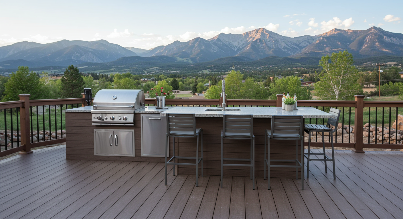 A sleek, modern composite deck featuring an outdoor kitchen setup. The image showcases a stylish grill, countertops, and bar stools, with a backdrop of mountains in the distance, emphasizing the beauty of outdoor living in Longmont, CO.