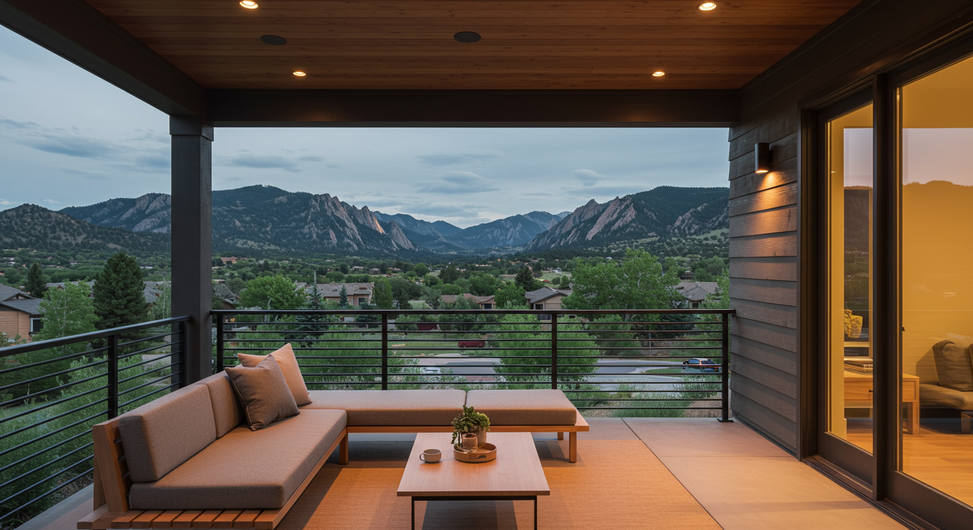 A sleek, modern front porch featuring clean lines, stylish furniture, and ambient lighting, set against a backdrop of Boulder’s scenic views.