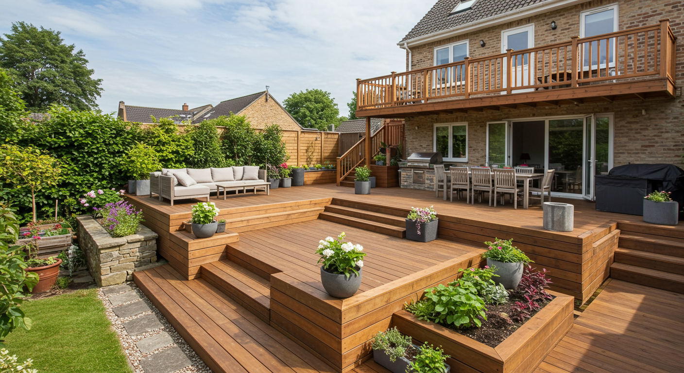 A spacious multi-level deck showcasing various zones for dining, lounging, and gardening. The deck features a combination of wood and stone materials, with stylish outdoor furniture.