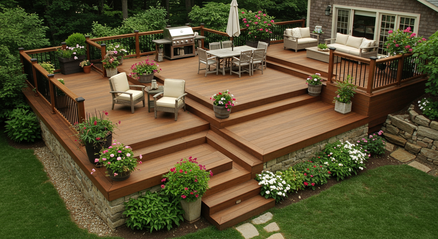 A multi-level deck configuration with various sections for dining, lounging, and gardening. The deck features a mix of wood and stone materials, surrounded by lush greenery and flowers, creating an inviting outdoor retreat.