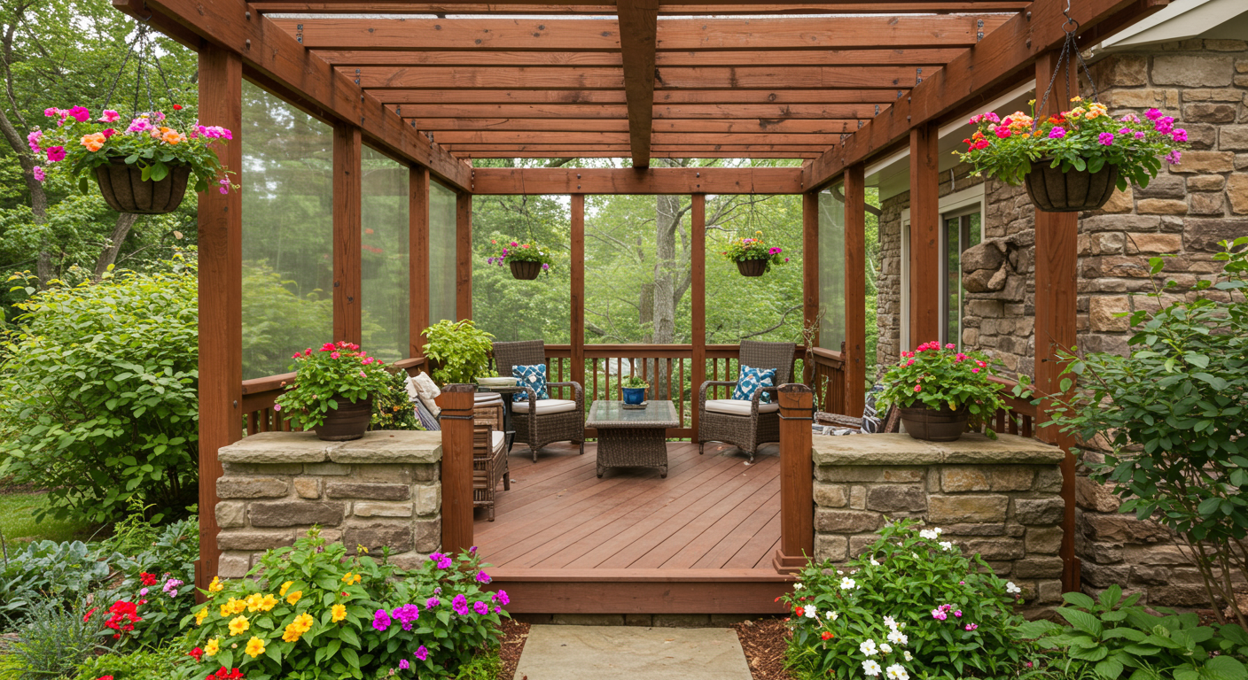 An enclosed deck that incorporates natural elements, featuring a stone wall and wooden beams. The deck is decorated with vibrant flowers and greenery, creating a serene garden-like environment perfect for relaxation and entertaining.