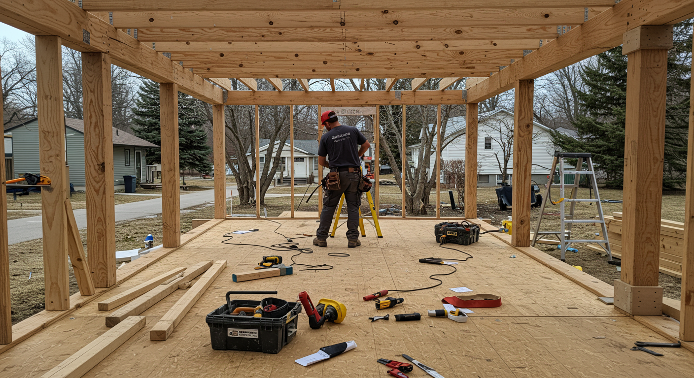 A skilled contractor working on the framework of a porch, showcasing tools and materials in use. The setting is a residential area in Longmont, with a partially constructed porch in the background.