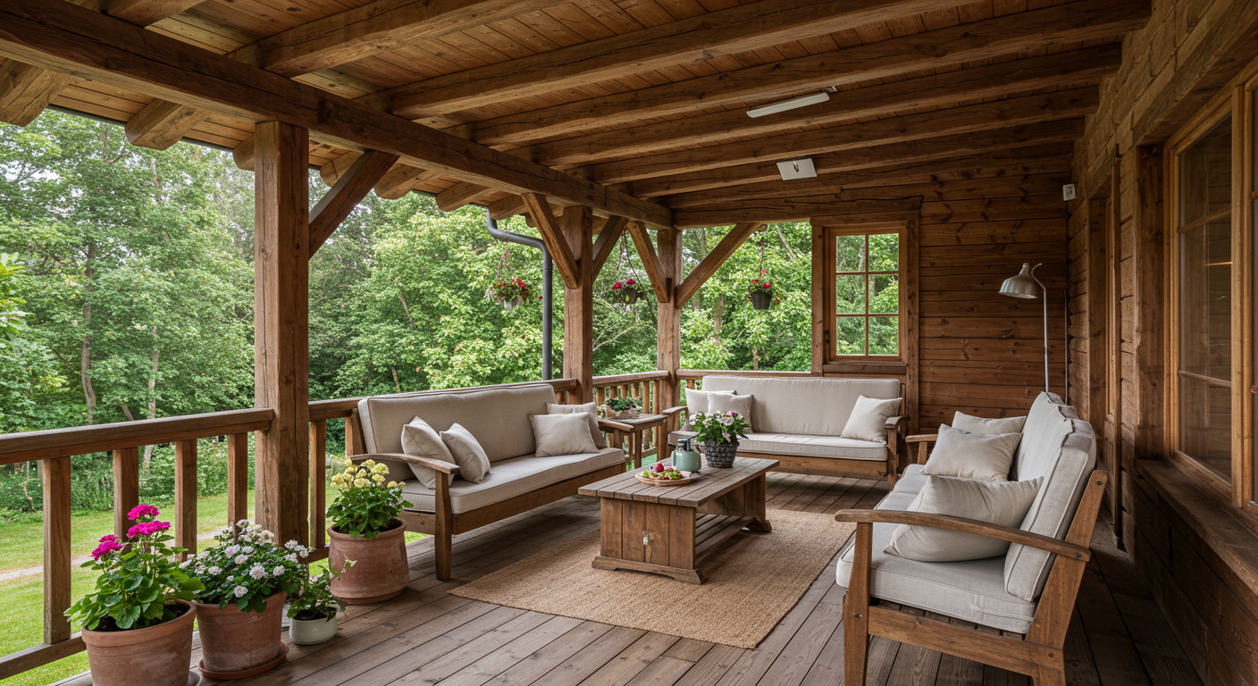 A beautifully designed wood covered porch with rustic wooden beams and a cozy seating area. The porch is adorned with potted plants and outdoor cushions, inviting relaxation.