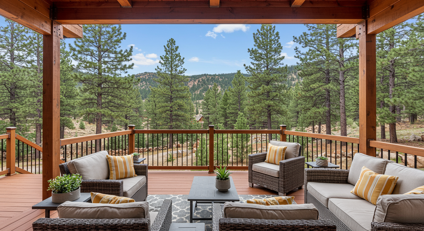 A stunning view of a completed deck overlooking a picturesque landscape in Castle Rock, CO. The deck is adorned with stylish furniture and decorative elements, showcasing a perfect blend of comfort and nature.