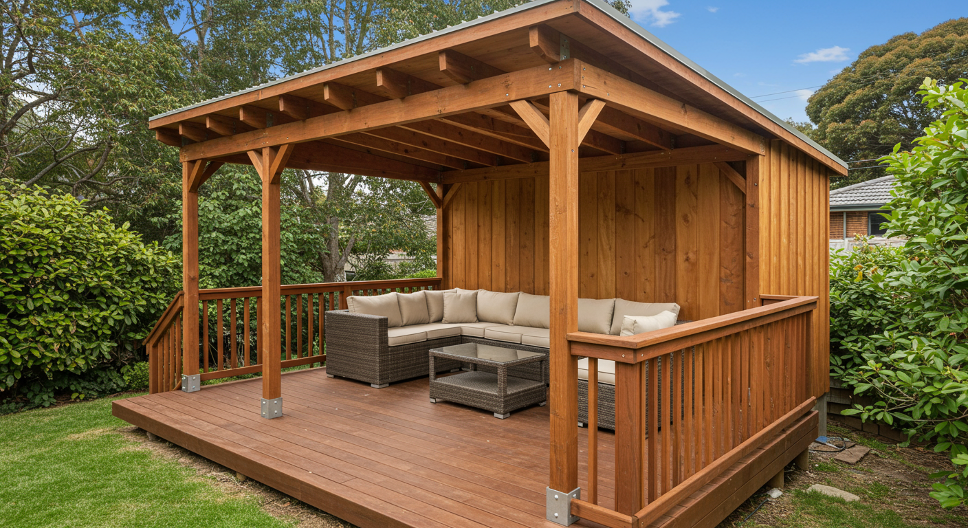 A beautifully designed deck featuring a shed roof, showcasing wooden beams and a spacious seating area. The deck is surrounded by lush greenery, with a clear blue sky in the background, highlighting the simplicity and functionality of the design.