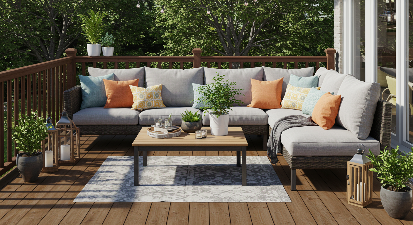 An elegant outdoor seating area on a deck, showcasing a stylish sectional sofa adorned with vibrant throw pillows. Potted plants and lanterns add decorative flair, enhancing the cozy vibe.