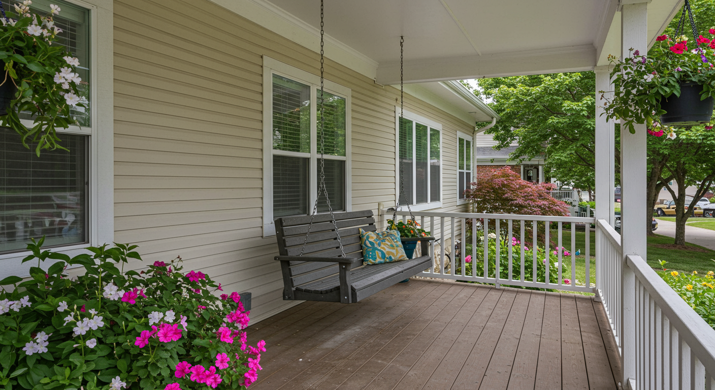 A charming traditional-style porch with a swing, surrounded by colorful flowers and greenery. The image captures a sunny day in Broomfield, highlighting the warmth and inviting nature of the space.