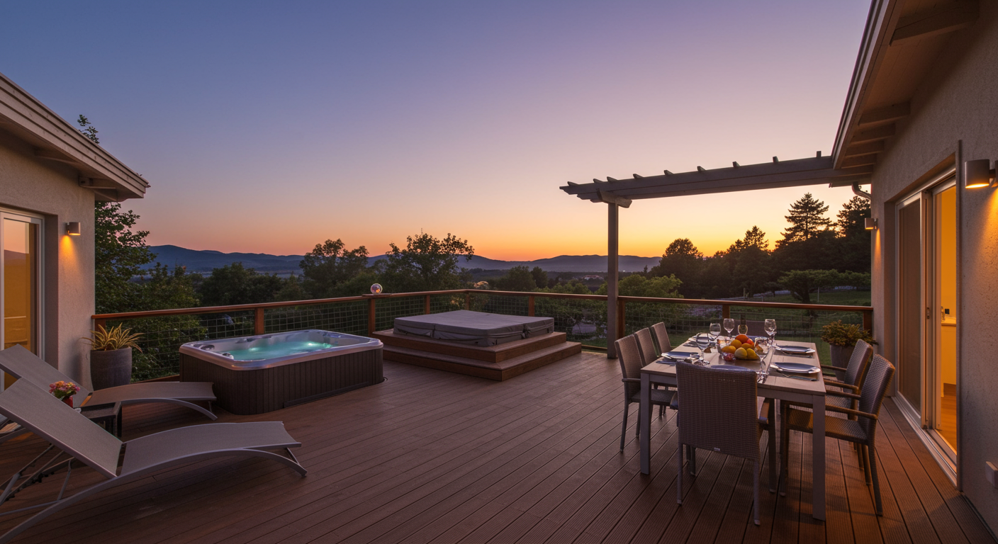 A tranquil patio and deck combination overlooking a scenic view. The deck features a hot tub and lounge chairs, while the patio has a dining table set for an outdoor meal. The setting is enhanced by soft lighting and a sunset backdrop.