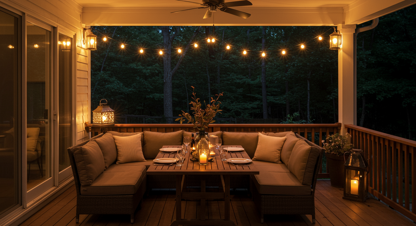 A cozy evening scene on a custom patio with soft lighting from string lights and lanterns. The image features a table set for dinner, surrounded by comfortable seating, creating a warm and inviting ambiance perfect for evening gatherings.