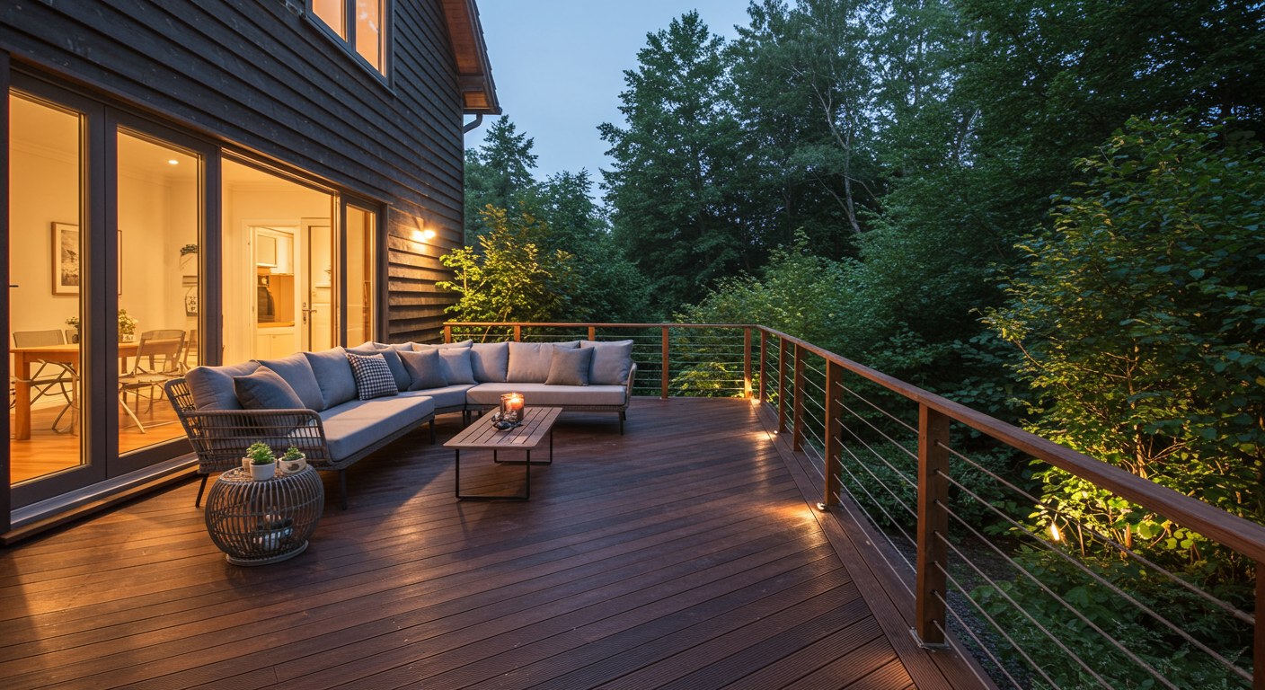 A beautifully designed wooden deck with stylish outdoor furniture, surrounded by lush greenery. The deck features a modern railing and is illuminated by soft outdoor lighting, creating an inviting atmosphere for evening gatherings.