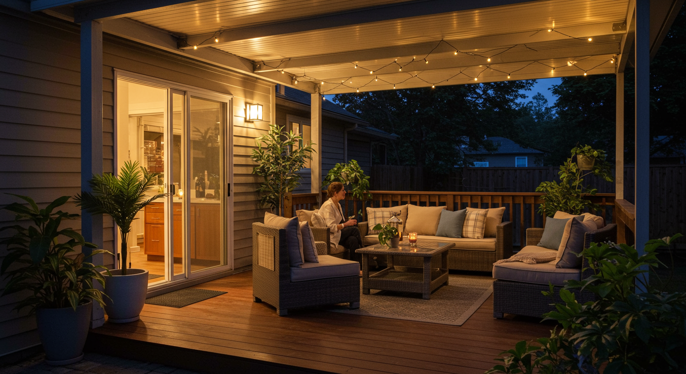 A serene evening scene on a covered back deck, illuminated by soft outdoor lighting. A couple is seen enjoying a quiet moment, surrounded by plants and soft furnishings, capturing the essence of outdoor tranquility.