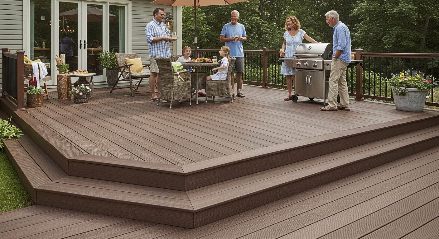 A warm, inviting image of a family enjoying time together on a composite deck, perhaps having a barbecue or relaxing with drinks. The setting should be bright and cheerful, emphasizing the joy of outdoor living.