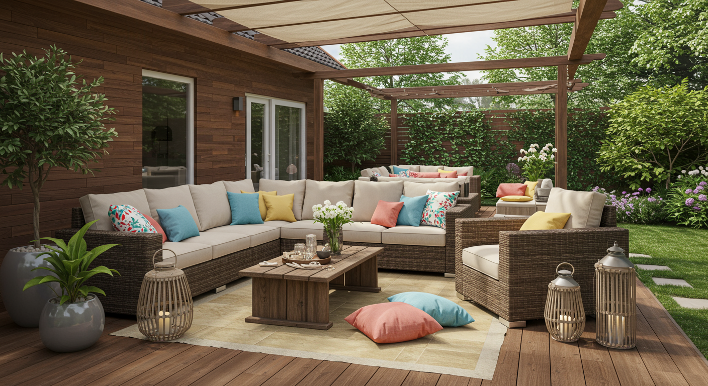 A seamless transition between a wood deck and a stone patio, featuring a variety of seating options, a pergola for shade, and decorative elements like lanterns and cushions. This image captures the essence of functional outdoor living.