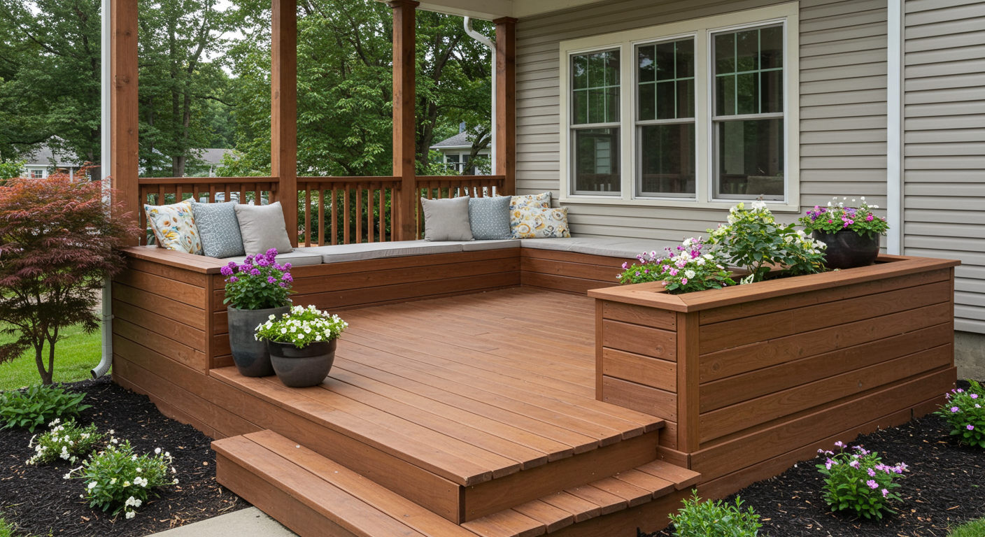 A front porch deck featuring built-in seating and planters, surrounded by beautiful landscaping, showcasing a seamless blend of nature and design.
