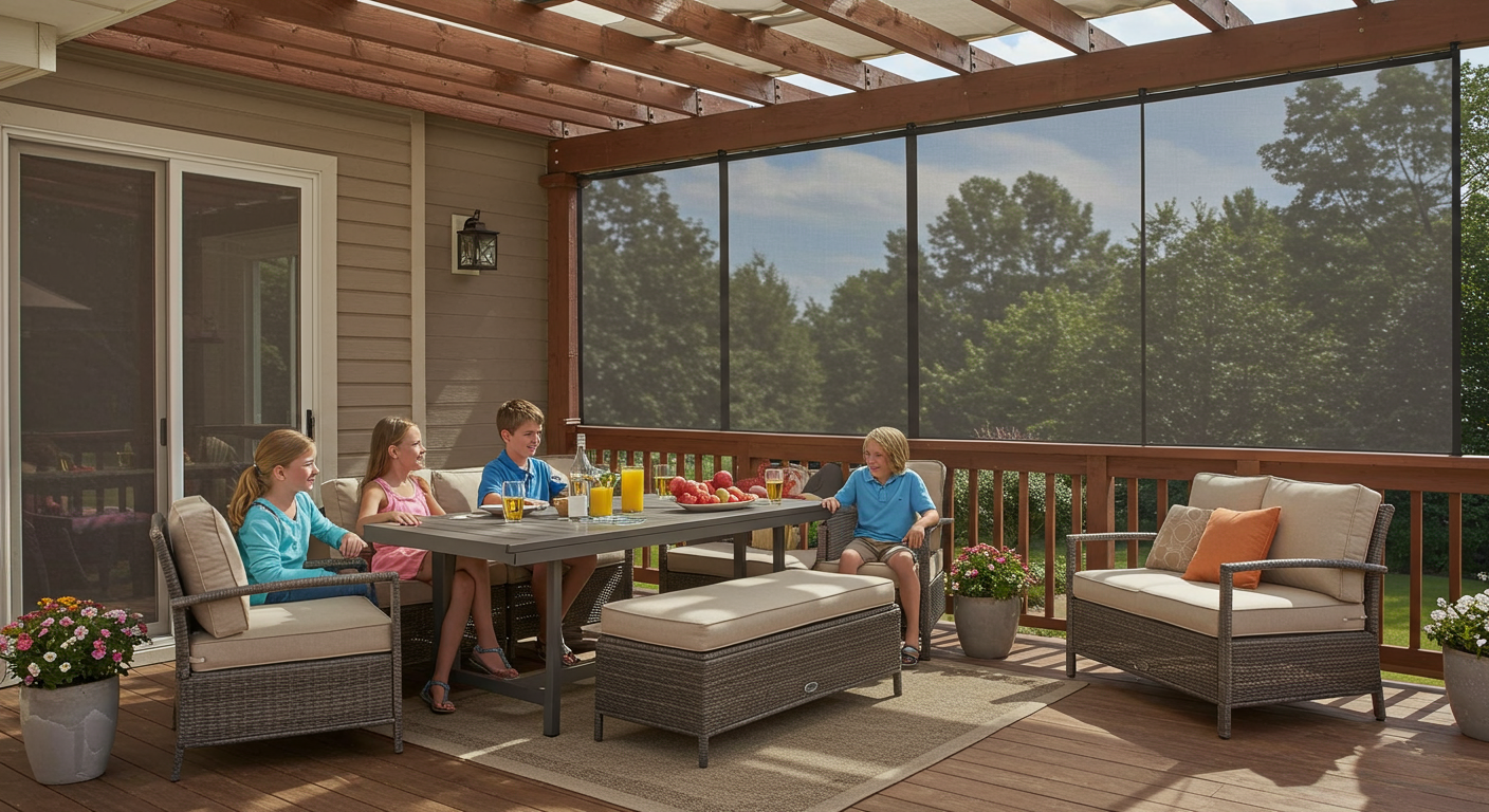 A vibrant outdoor patio featuring a retractable screen system. The image showcases a family enjoying a meal on the deck, with the screen partially extended to illustrate its functionality.