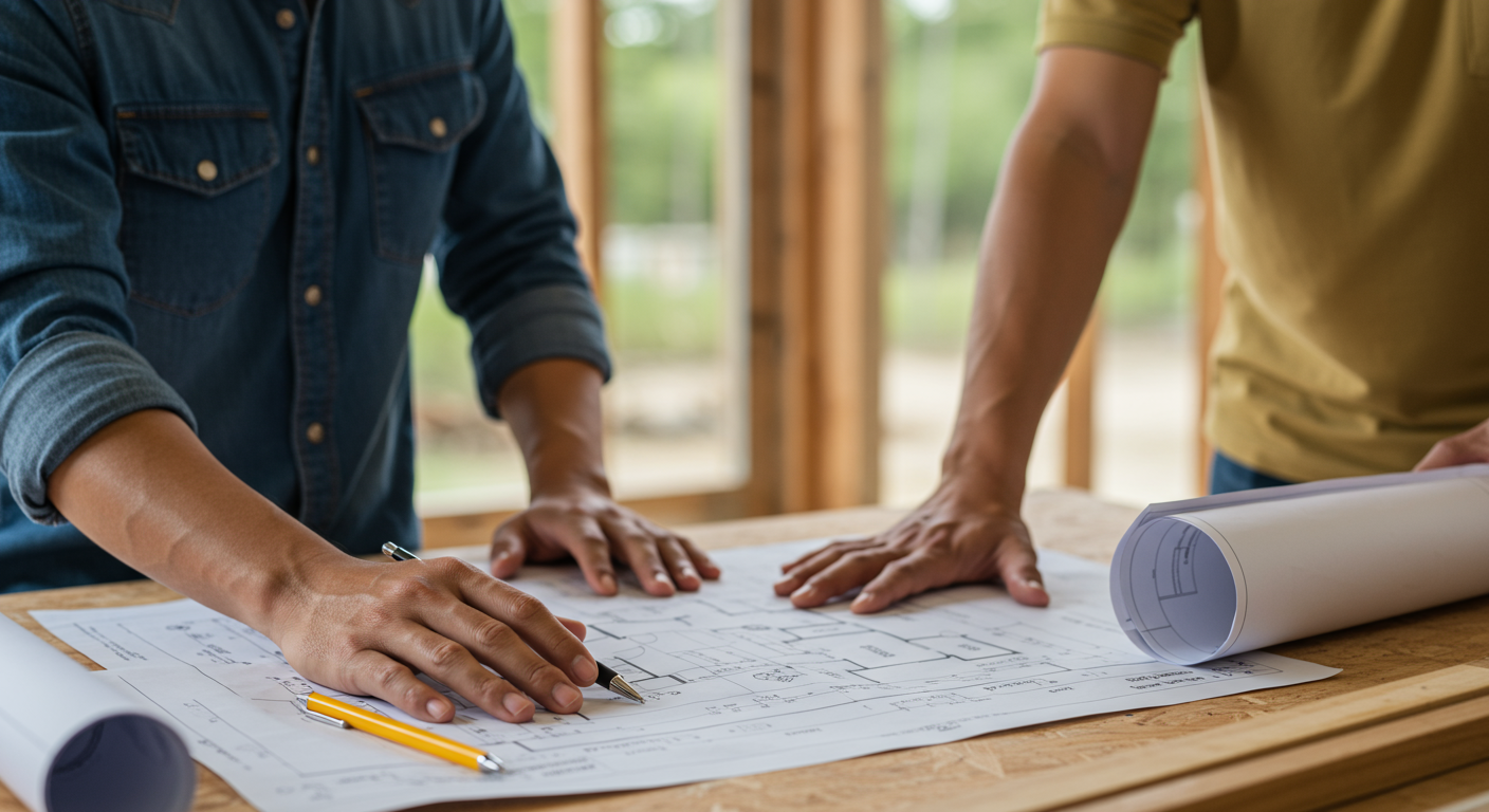 A close-up of a homeowner reviewing plans with a contractor at a construction site, with blueprints and materials in view. This represents the contractor selection process.