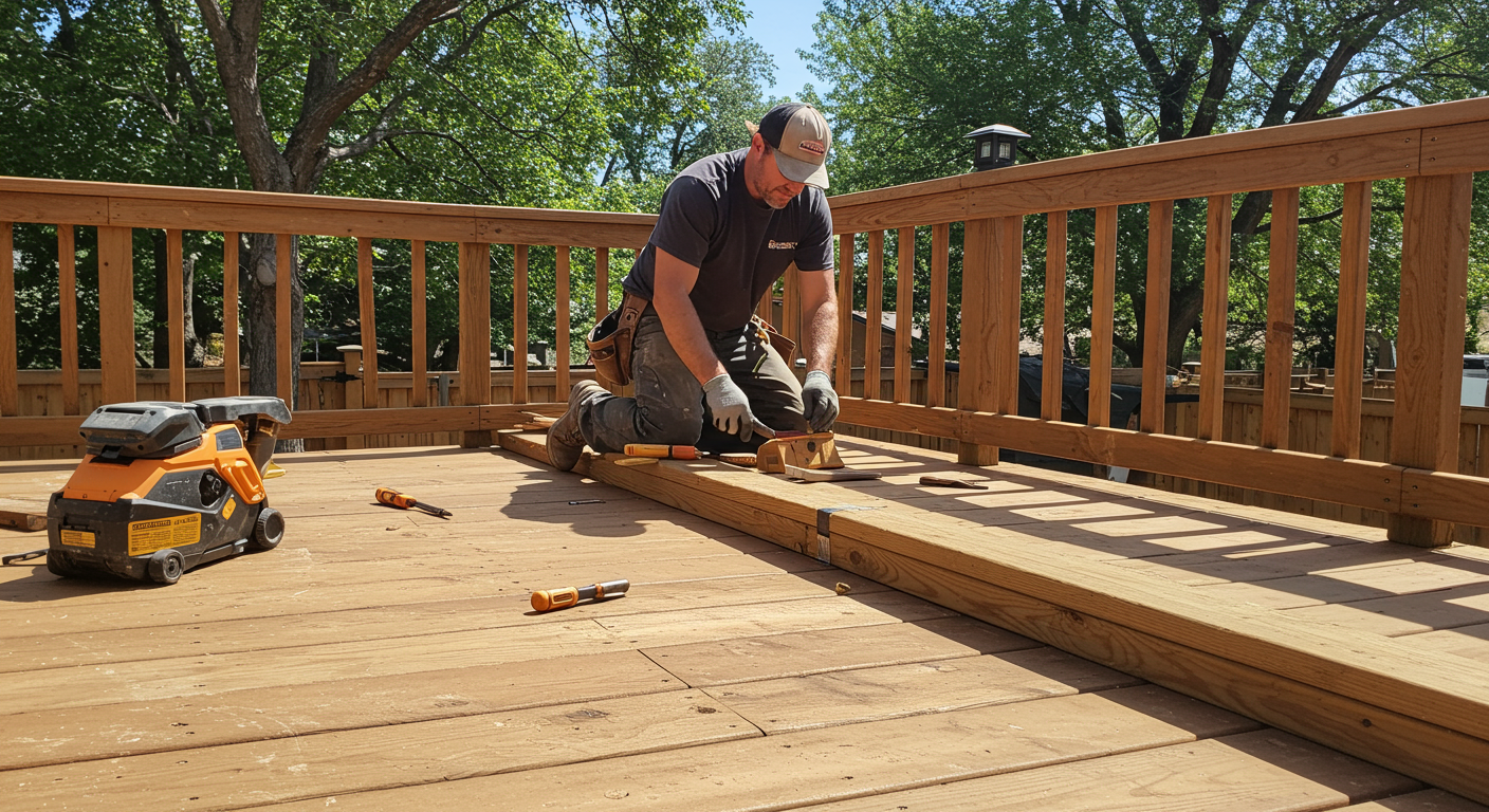 A skilled craftsman working on a wooden deck, showcasing detailed craftsmanship with tools in hand. The setting is a sunny backyard in Thornton, CO, with trees and a clear blue sky in the background.
