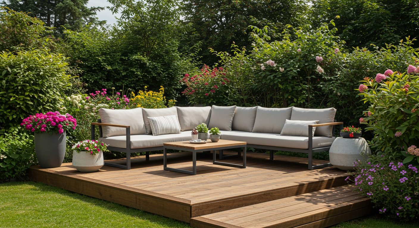 A beautifully designed wooden deck with a modern patio set, surrounded by lush greenery and colorful flowers, showcasing a serene outdoor living space.