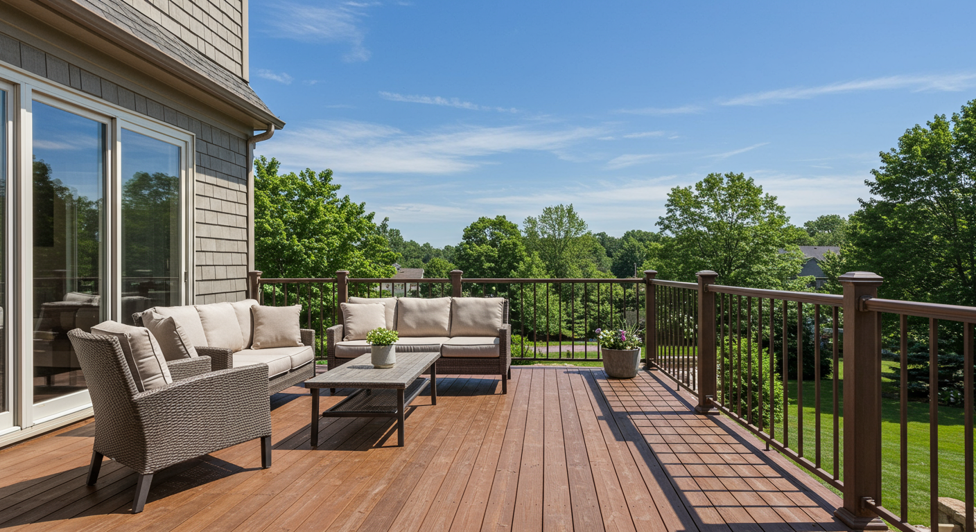 A stunning patio deck that offers a panoramic view of the surrounding landscape. The deck features elegant railings and comfortable furniture, inviting relaxation and enjoyment of the natural beauty.