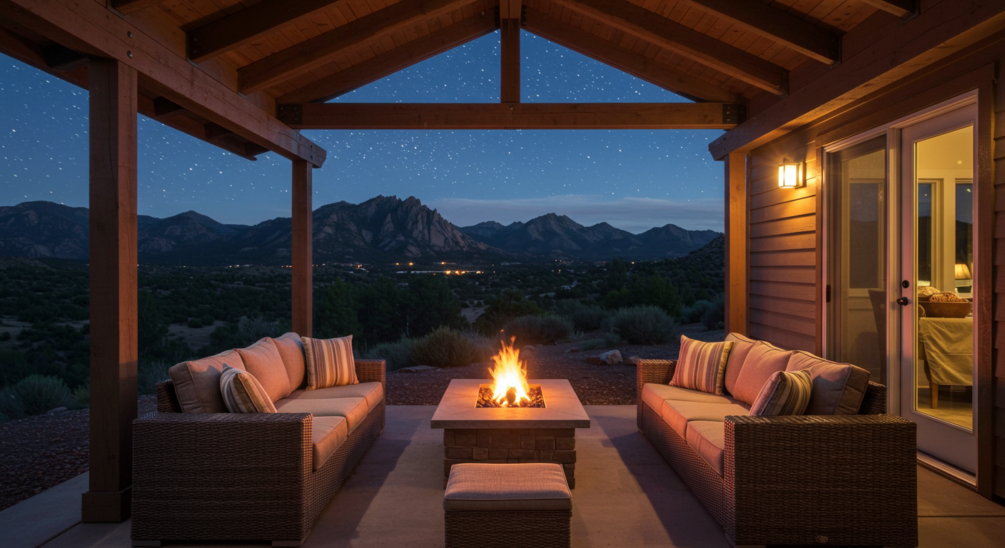A serene evening scene of a covered porch illuminated by soft lighting, with cozy seating arrangements and a fire pit. The backdrop features a starry sky over the Boulder mountains, emphasizing relaxation and tranquility.