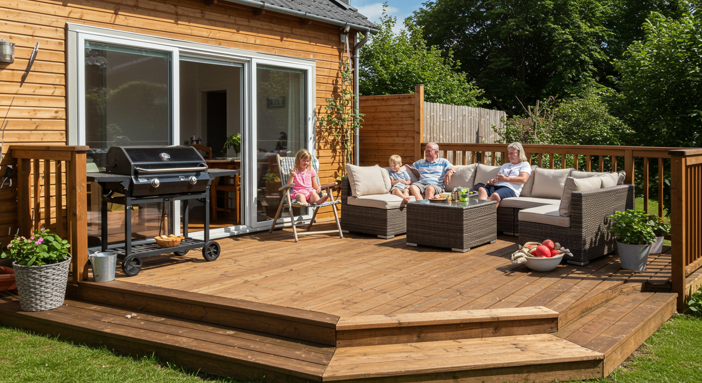 A beautifully constructed wooden deck with a family enjoying a sunny day outdoors, showcasing a barbecue setup and comfortable seating. The scene captures the essence of outdoor living and family bonding.