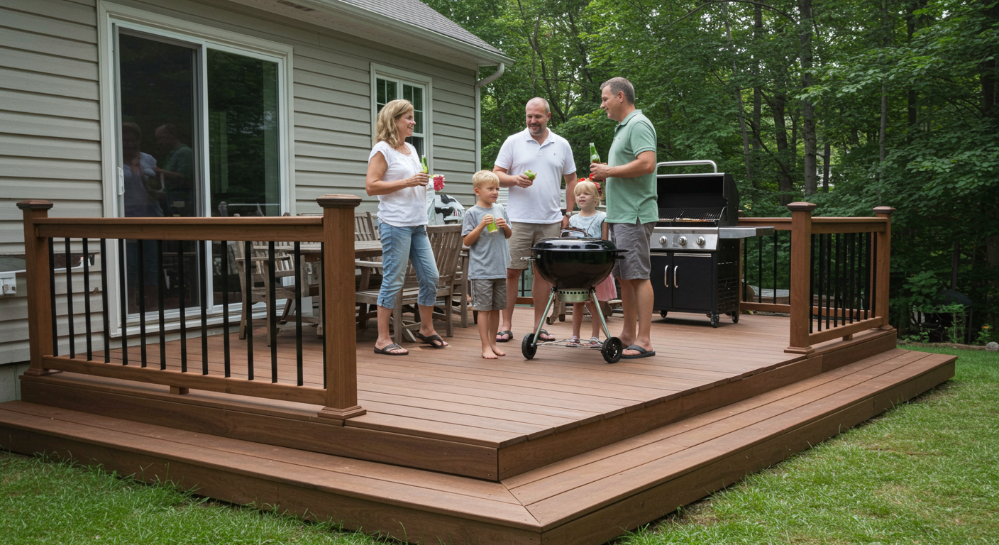 A family gathered on a newly installed patio deck, enjoying a barbecue. The image conveys joy and togetherness, showcasing the functionality of the outdoor space for family gatherings.