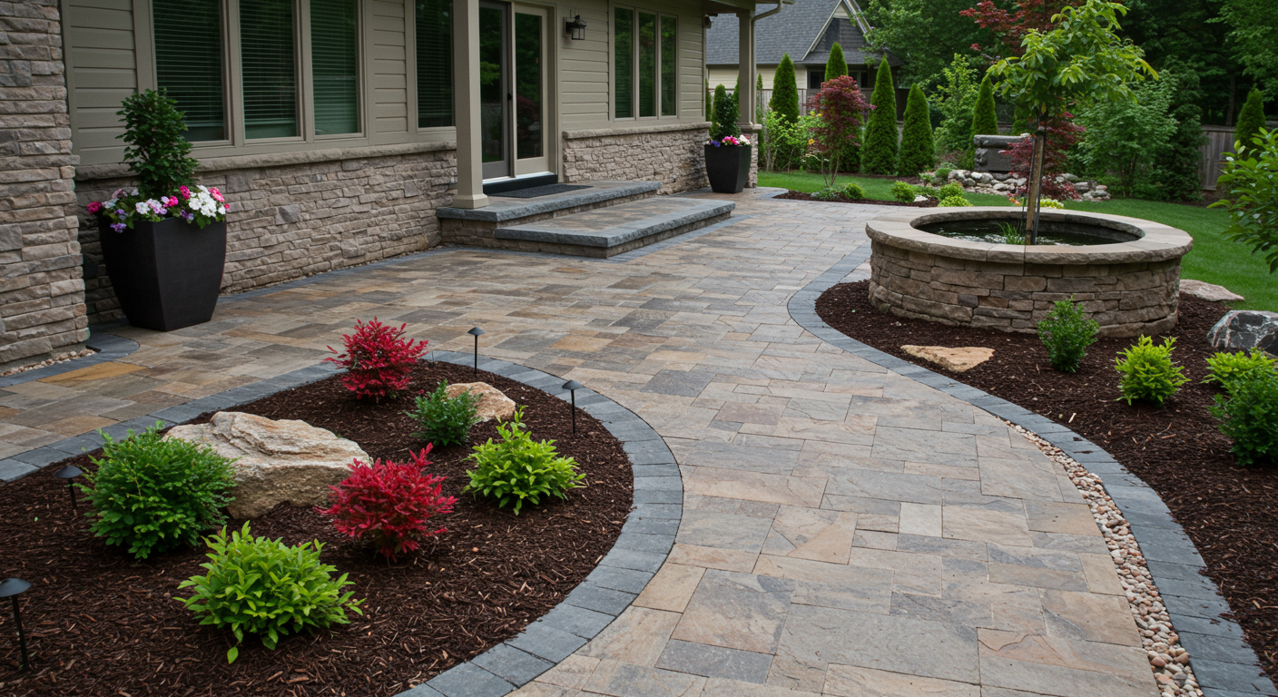 A stunning completed patio integrated with beautiful landscaping features, including a garden, pathway, and decorative stones. The image captures the essence of a well-designed outdoor space that enhances the home’s exterior.