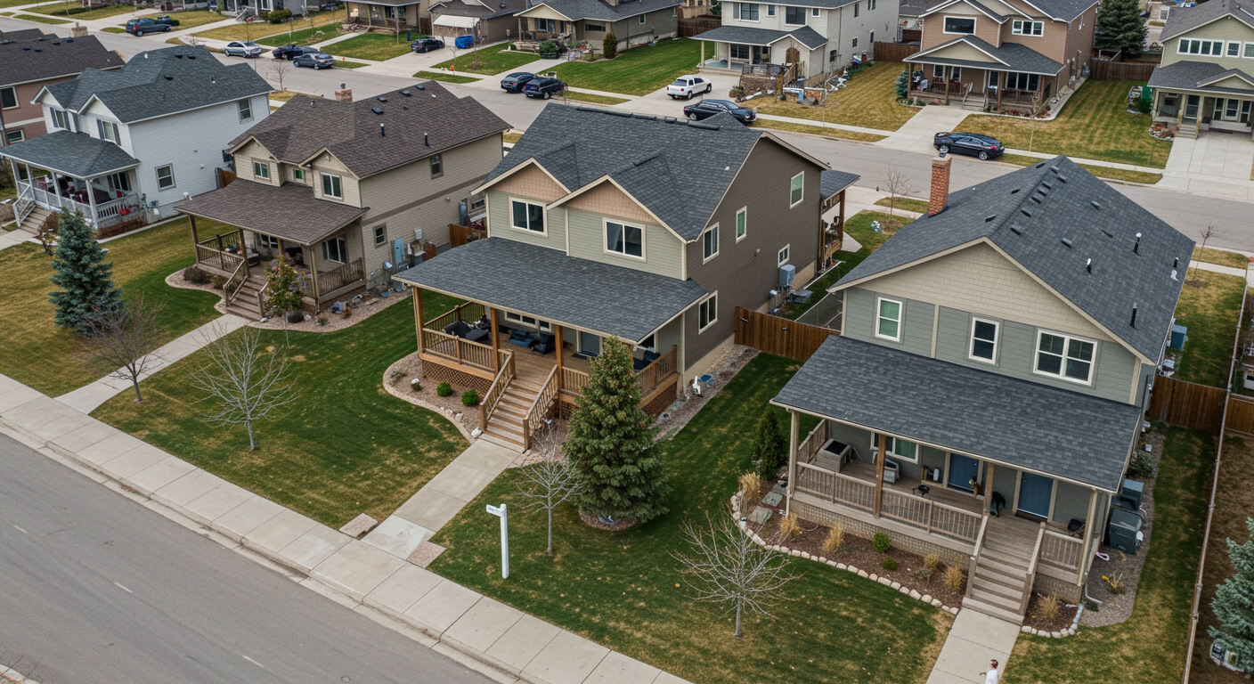An aerial view of a neighborhood in Greeley, highlighting several homes with unique covered porches, showcasing architectural diversity and outdoor living spaces.